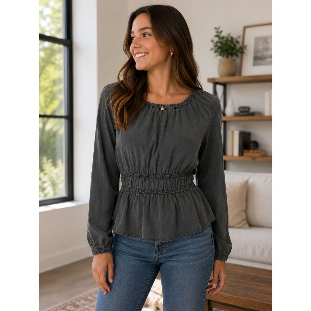 New Cloth & Stone Smock Waist Long Sleeve Smoke Stack Blouse Women's XS
